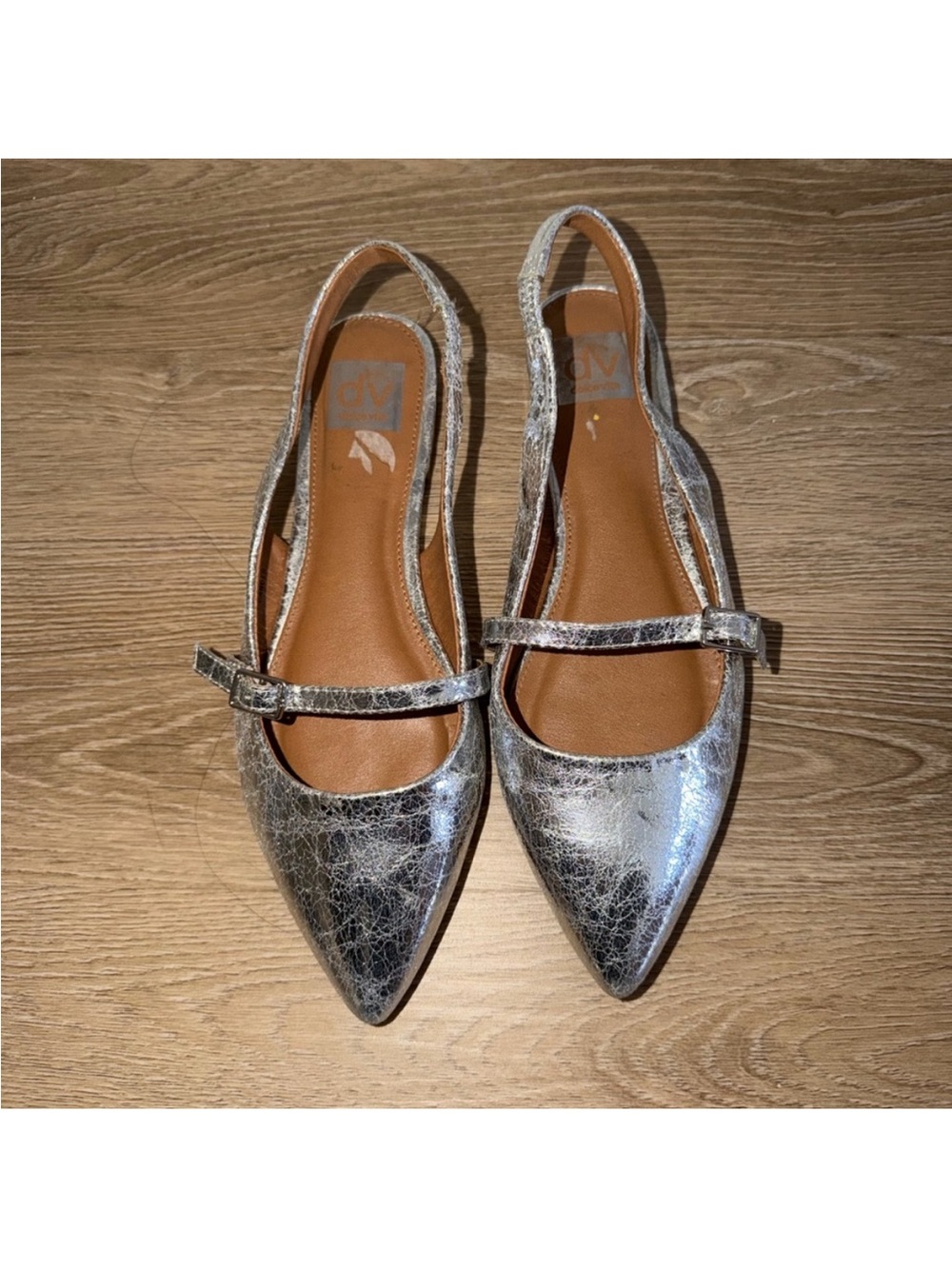 DV by Dolce Carder Sliver Crackle Slingback Flats with Pointed Toe